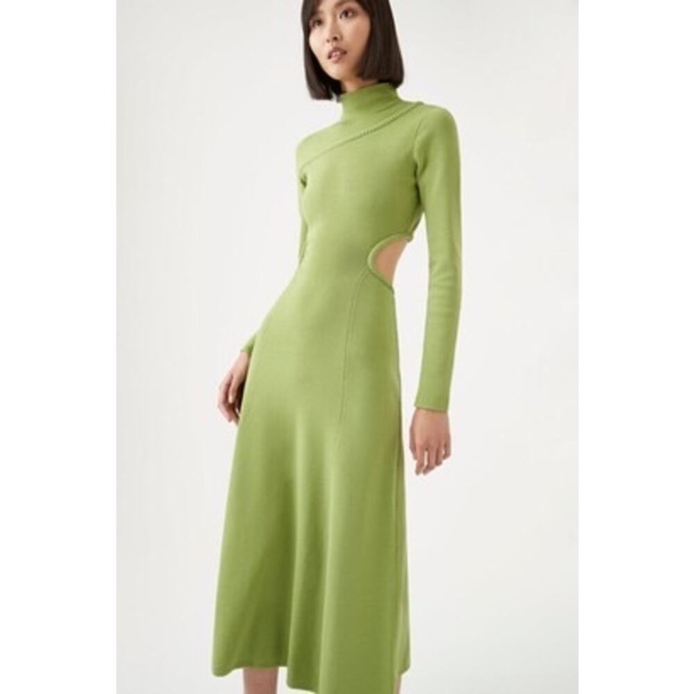 Aje Amelie Spring Green Cut Out Long Sleeve Knit Mock Neck Midi Dress Sz Medium - Picture 3 of 13